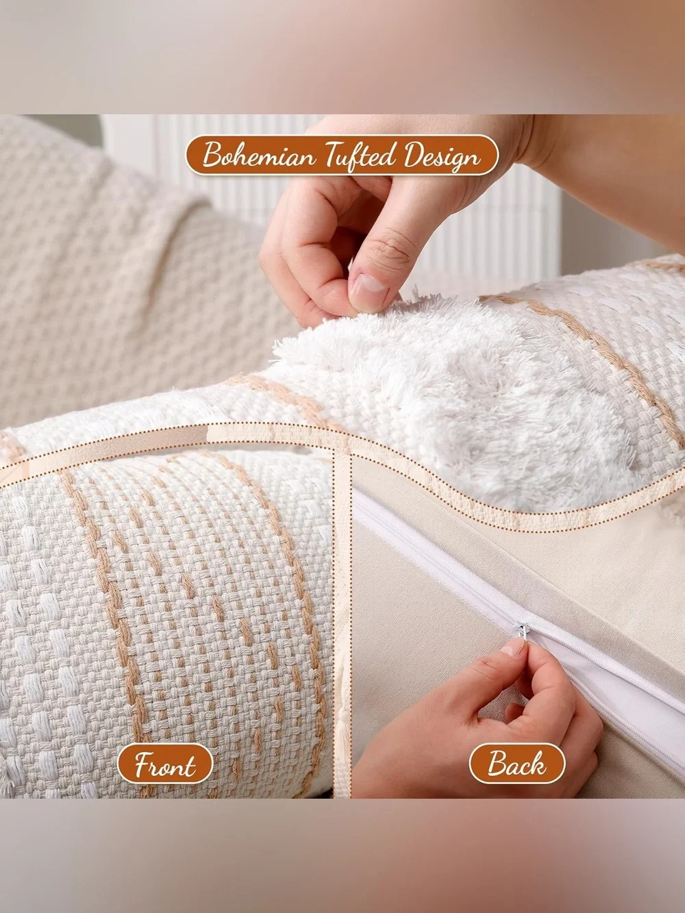 14 x 36 Lumbar Pillow Cover, Boho Tufted Decorative, Cream Beige